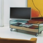 Glass and wood TV stand on wheels with drawers